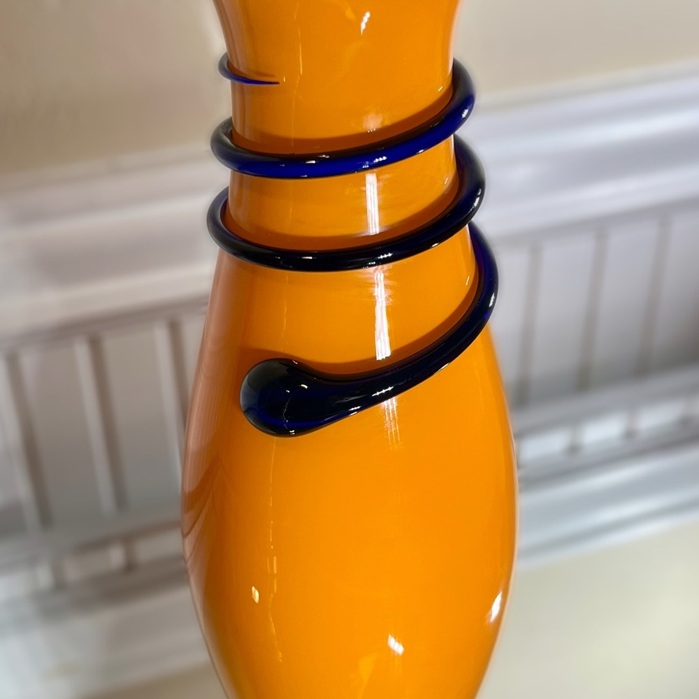 Vintage VTG CZECH ORANGE TANGO ART GLASS VASE BLUE SPIRAL SNAKE 11.5" 39OZ